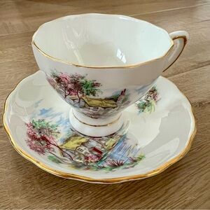 Vtg Colclough England Mill Cottage Duck Pond Floral Bone China Teacup &‎ Saucer